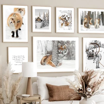 Talvel Džunglis Loomade Fox Tiiger Öökull Hirv Seina Art Lõuend Maali Nordic Plakatid ja Pildid Seina Pildid elutuba Decor