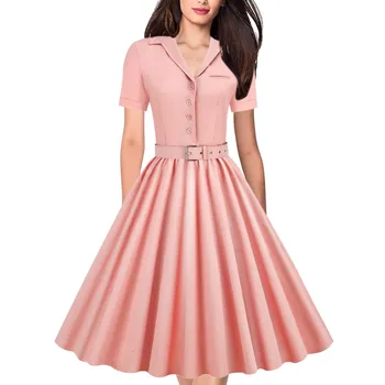 Suvel 50s 60s Vintage Elegantne Kleidid Naiste Lühikesed Varrukad Vöö Plisseeritud Tahke Nuppu, Pinup Rockabilly Retro Pidu Hoos Kleit
