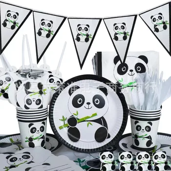 Uus valge panda sünnipäeva asjade ühekordsed söögiriistad Paber plaadid Paberi cups paberrätikud laudlina õhupallid