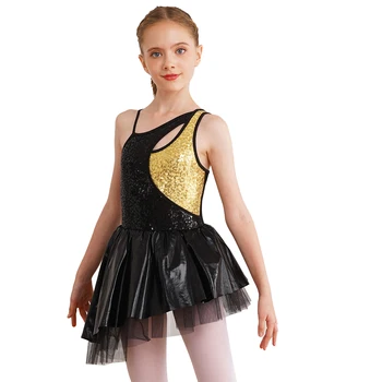 Kuum Lapsed Tüdrukud Balleti Etendus Kostüümid Läikiv Sequin Kleit Asümmeetriline Rihmad Metallik Tülli Kaldpinnal Seelik Leotard Kleit