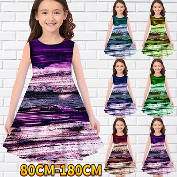 2022 Uus Lapsed Väikesed Tüdrukud Varrukateta Kleit 3D-Lapsed Geomeetriline Prindi Igapäevane Casual Armas Magus Üle Põlve Varrukateta Kleit 80-180CM