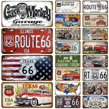 Retro Route 66 Litsentsid Metallist Tina Märke Plakat Seina Art Decor Garaaž Baar Vintage Auto Metallist Märk Valgeplekk Tahvel Kodu Kauplus