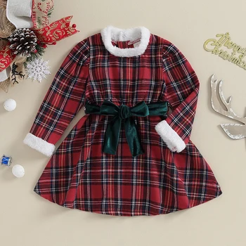 Vastsündinud Beebi Tüdruk Jõulud-line Kleit Ruuduline Prindi Mõnitama Kaelus Pikk Varrukas Kleit Bowknot Vöö Laste Riiete Komplekt