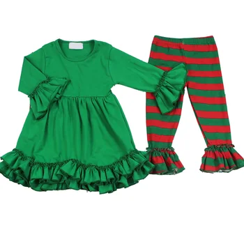 Jõulud tüdruk kleit Pitsist pikad varrukad kleit top + Punase ja rohelise triibulised püksid stiilis tahked värvi pluus piima siidist riie
