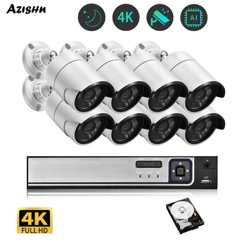 AZISHN Ultra HD 4K Turvalisuse Kaamera Süsteemi 8CH POE NVR Audio IP Kaamera Väljas Täielik Värvi Öise Nägemise videovalve Komplekt