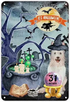 Happy Halloween Märke Halloween Must Kass Nõid Müts Vaim Kõrvits Kohandatud Chihuahua Koer Metallist Tina Märk Seina Art Vintagert