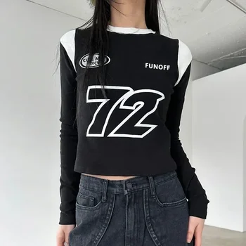 Kirja Prindi Streetwear T-särk y2k Top Naiste pikkade varrukatega pluusid-korea, T-särgid Ameerika crop top võidusõiduauto Naine riideid