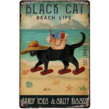Beach Märki Metal Märk Beach Life Sandy Varbad Must Kass, Tina Märk Plakat, Baar, Bistroo, Kohvik Seina Kaunistamiseks Metallist Plaat