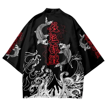 Suvel Lahti Jaapani Mood Õnne Koi Prindi Kimono Streetwear Cardigan Rüü Naised Mehed Haori Top Yukata Pluss Suurus 5XL 6XL
