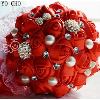 Kunstlik rhinestone pulmakimbud crystal pearl ehted lille kimp pulmas lilled silk red vintage pulm kimp