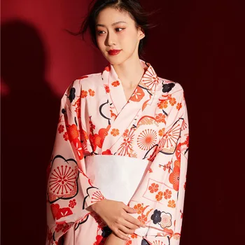 Naiste Jaapani Stiilis Kimono Valge Obi Vintage Sakura Prindi Yukata Hommikumantlid Fotograafia Festival Stage Show Kostüümid