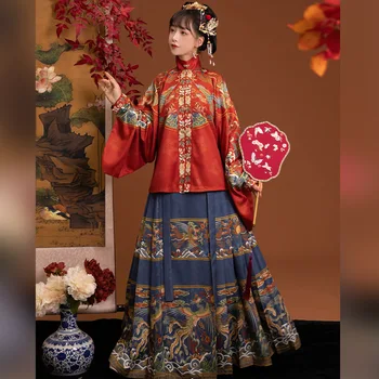 Hanfu naiste punane Fengqiuhuang Ming-tehtud stand-krae, kaherealine pluus koos pipa varrukate jaoks on sügis ja talv
