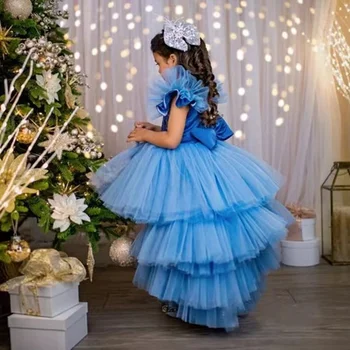 Sinine Uus Flower Girl Kleidid Pulm Kihiline Tülli Vööri Pundunud Lapsed Sünnipäev Esimene Õhtusöömaaeg Pall Kleit Kleit 2023
