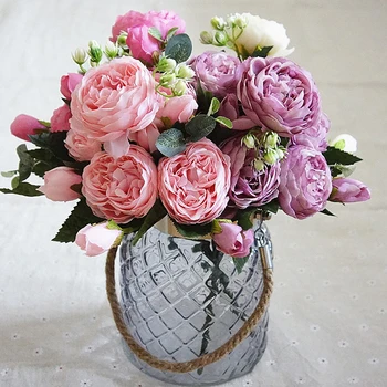 Tehislilled Kimp 5 Suur Pea Silk Pojeng Võltsitud Lilled Kunstlik Roosid Lilli Koju Pulmad Decor Siseruumides